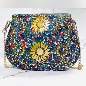 Ramla Bel Air Sunflower Clutch/Crossbody Bag Handcrafted Tile & Brass Detailing